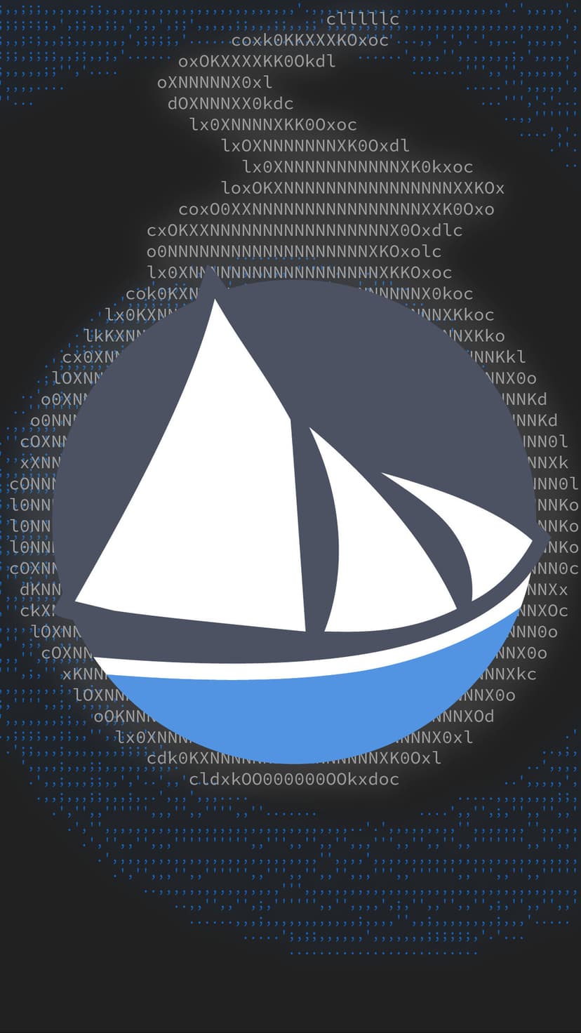 White sailboat logo above blue water ripples against a dark background of scrolling digital computer code text.