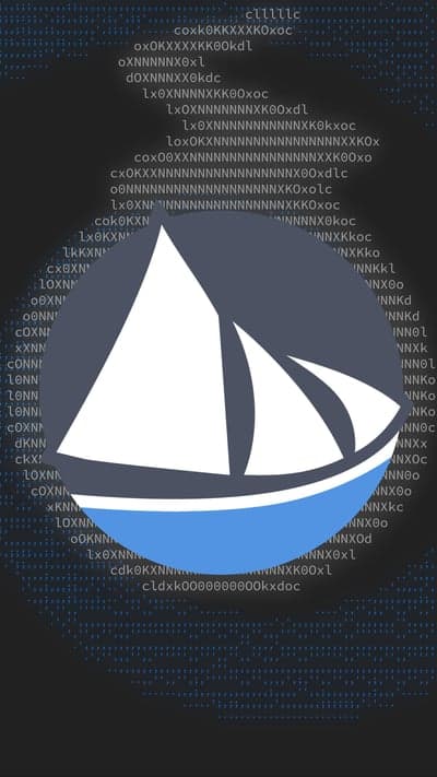 Sailing Boat Logo Over Abstract Code Background