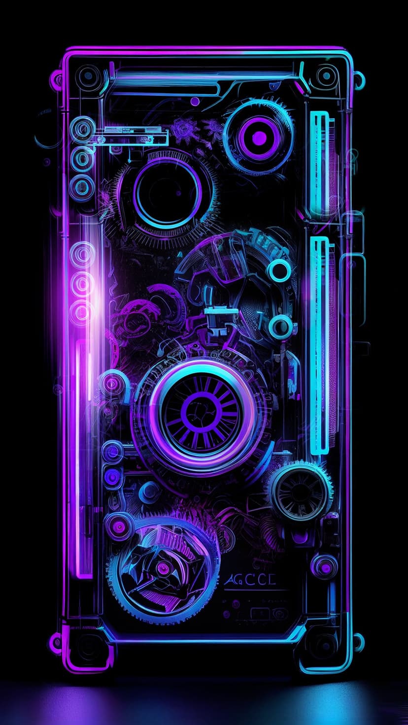 Intricate neon gears and mechanical components glow in purple and blue against a dark, futuristic background.