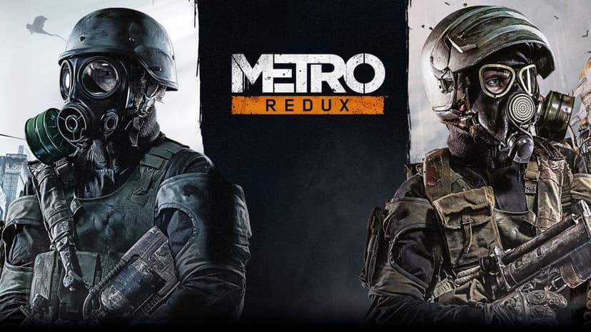Soldiers in gas masks and tactical gear stand on either side of the Metro Redux logo in a gritty landscape.