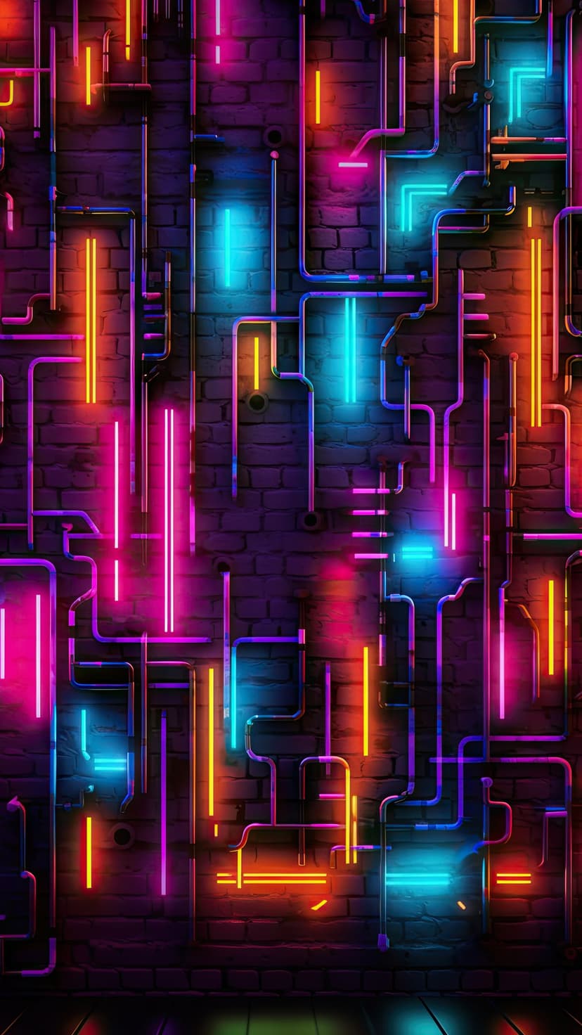Radiant neon conduits in blue and pink intertwine across a dark brick wall in a vertical mobile layout.