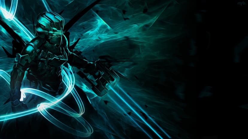 Isaac Clarke in glowing teal armor holding a plasma cutter against a dark abstract fractal energy background.