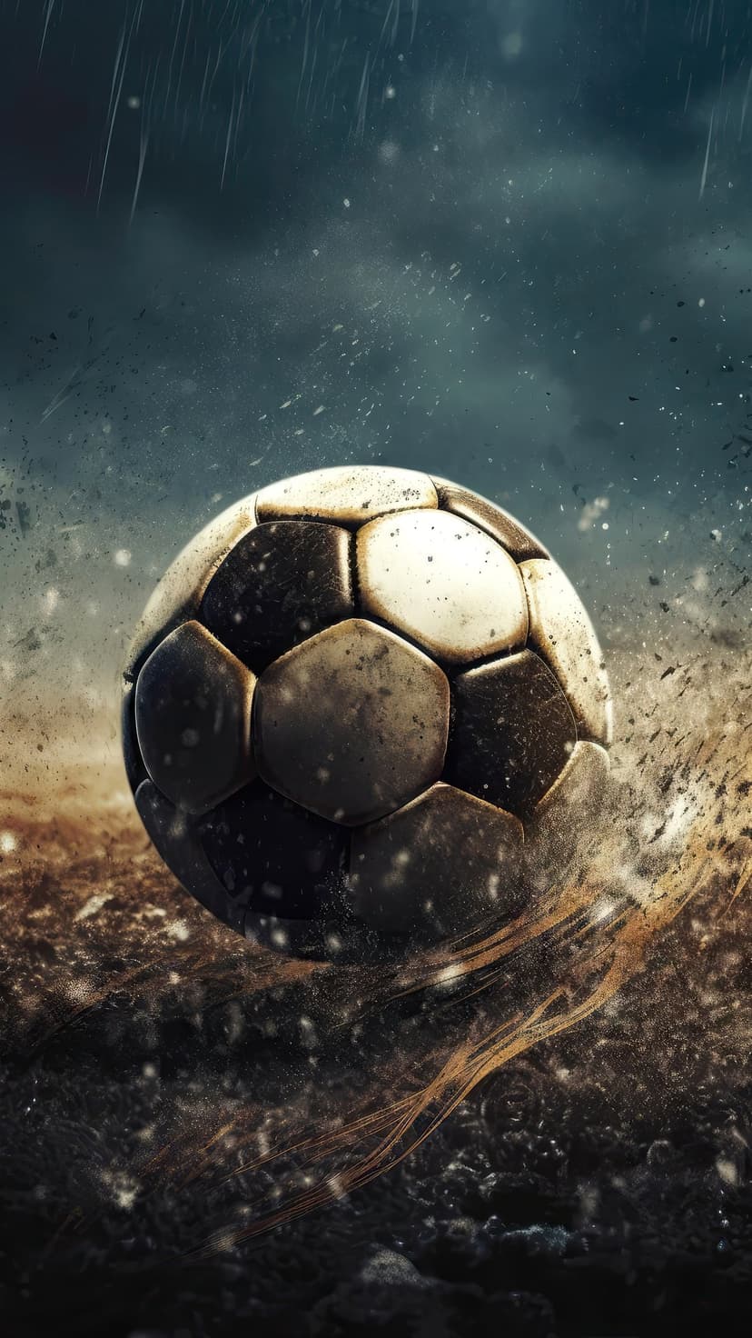 Weathered soccer ball suspended over churning dirt with orange energy trails under a dark, stormy sky.