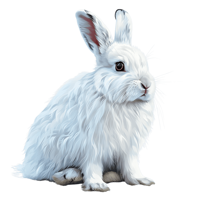 White rabbit with soft fur and brown eyes sits against a black backdrop, showing detailed whiskers and ears.