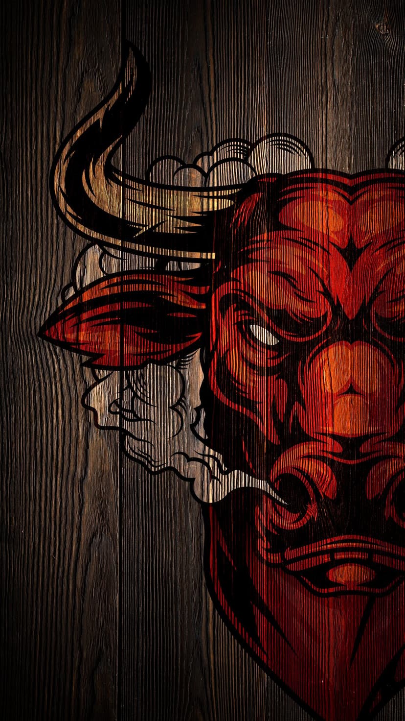 Red bull head with glowing eyes and smoking horns centered against a dark, textured wood grain background.