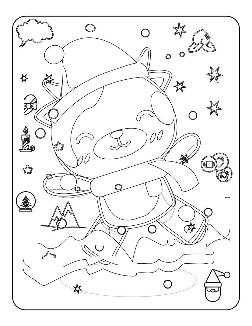 Skating cat coloring page featuring a Santa hat, scarf, snowflakes, and holiday ornaments in a black outline.