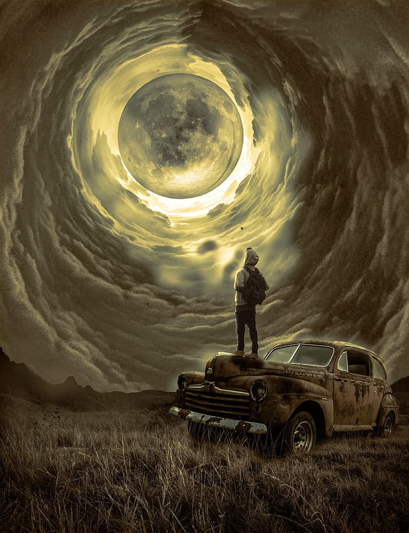 Man on a rusted car looking up at a massive spiraling cloud vortex with a bright moon in a sepia-toned sky.
