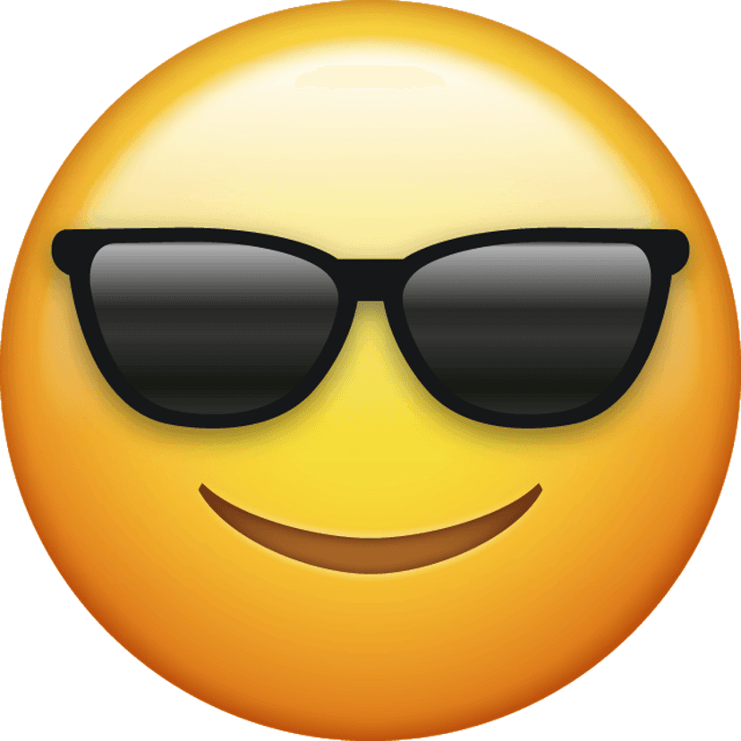 Yellow smiley emoji wearing black sunglasses against a transparent background features a glossy 3D texture.