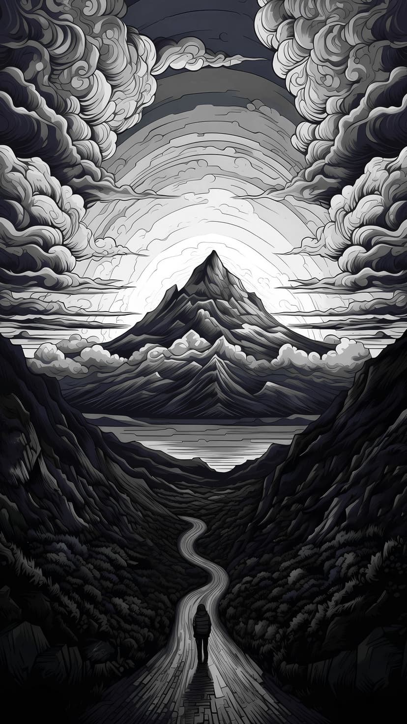 Lone person walks a winding valley path toward a glowing mountain peak beneath a heavy and dramatic cloudy sky.