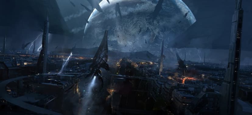 Biomechanical Reaper ships descending on a dark futuristic city with lightning strikes and a massive planet above.