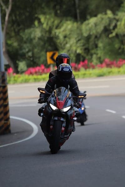 Two motorcyclists on a scenic road with lush greenery