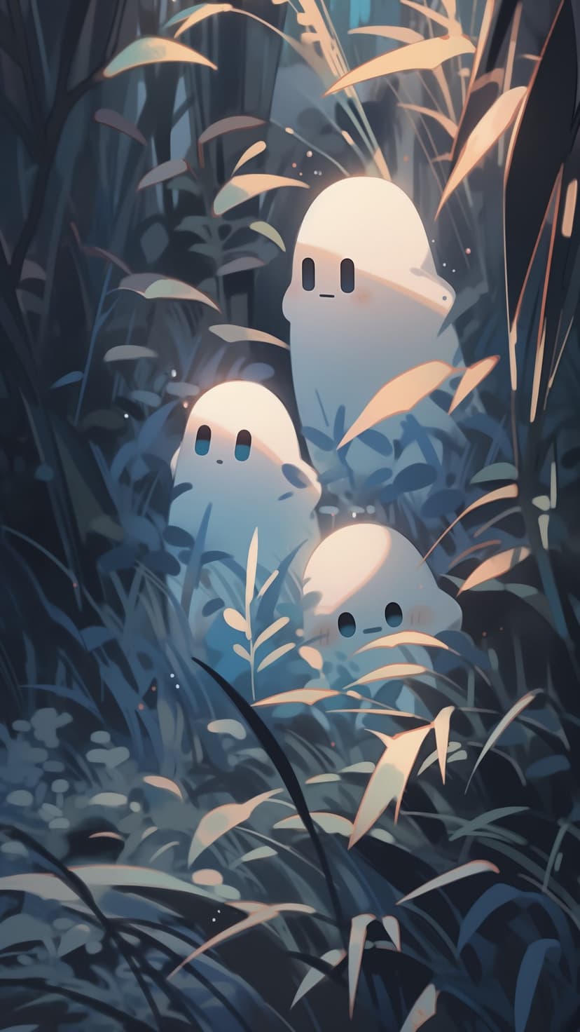 Three small white ghosts with round eyes peek out from behind dark green forest leaves under warm golden light.