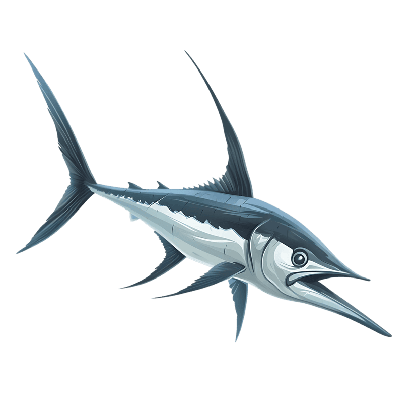 Swordfish realistic illustration showcasing an elongated bill and streamlined blue body in a swimming motion.