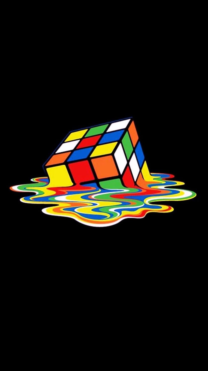 Rubik's cube melting into rainbow liquid droplets against a solid black background in a vertical layout.