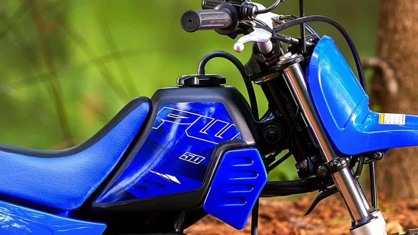 Blue Yamaha PW50 dirt bike with white decals, black fuel tank, and silver handlebars against blurred green trees.
