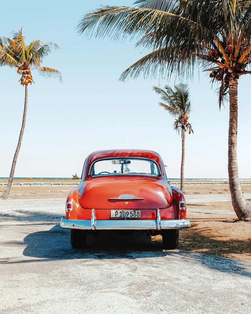 Red vintage car parked under tall palm trees with a blue ocean and hazy coastline in the sunny background.