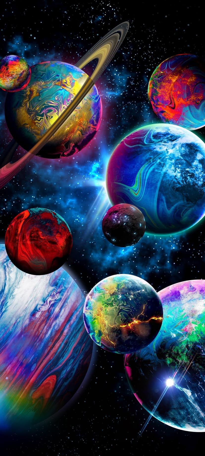 Colorful marbled planets with trippy patterns float amidst a glowing purple and blue star-studded nebula cloud.