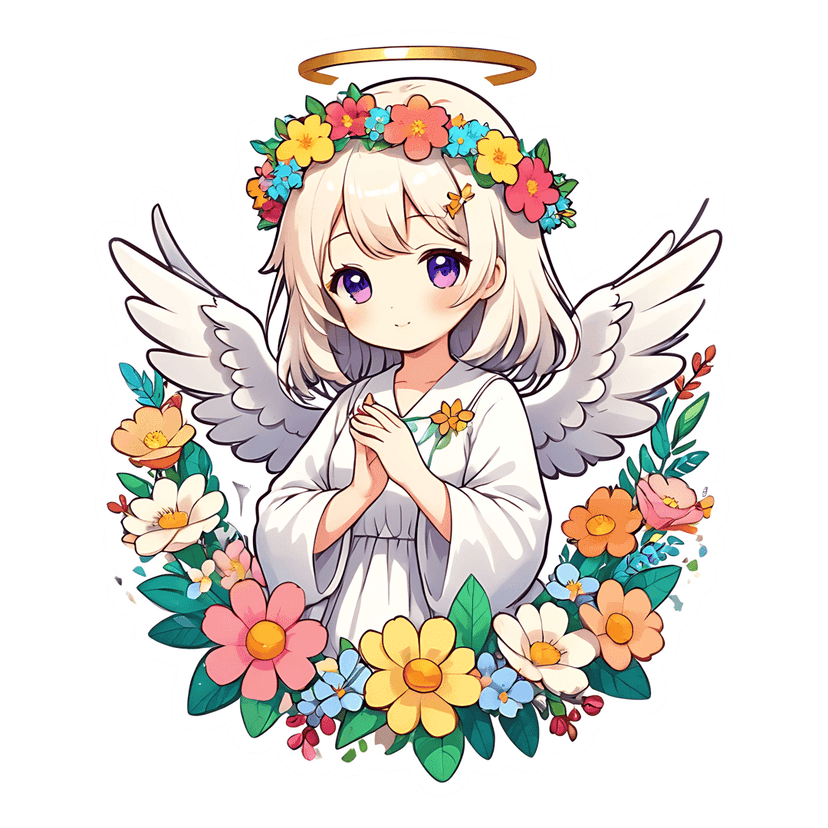 Chibi angel sticker with white wings and a golden halo prays inside a colorful floral wreath illustration.