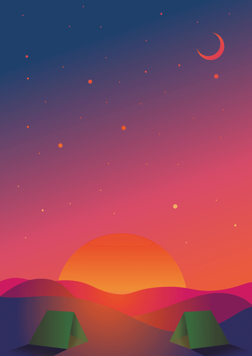 Two green tents sit on desert dunes below a large orange setting sun, a crescent moon, and bright orange stars.
