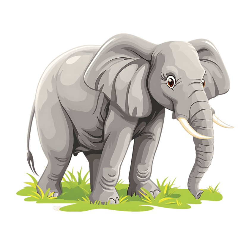 Grey cartoon elephant stands on green grass with large ears and tusks against a solid black background.