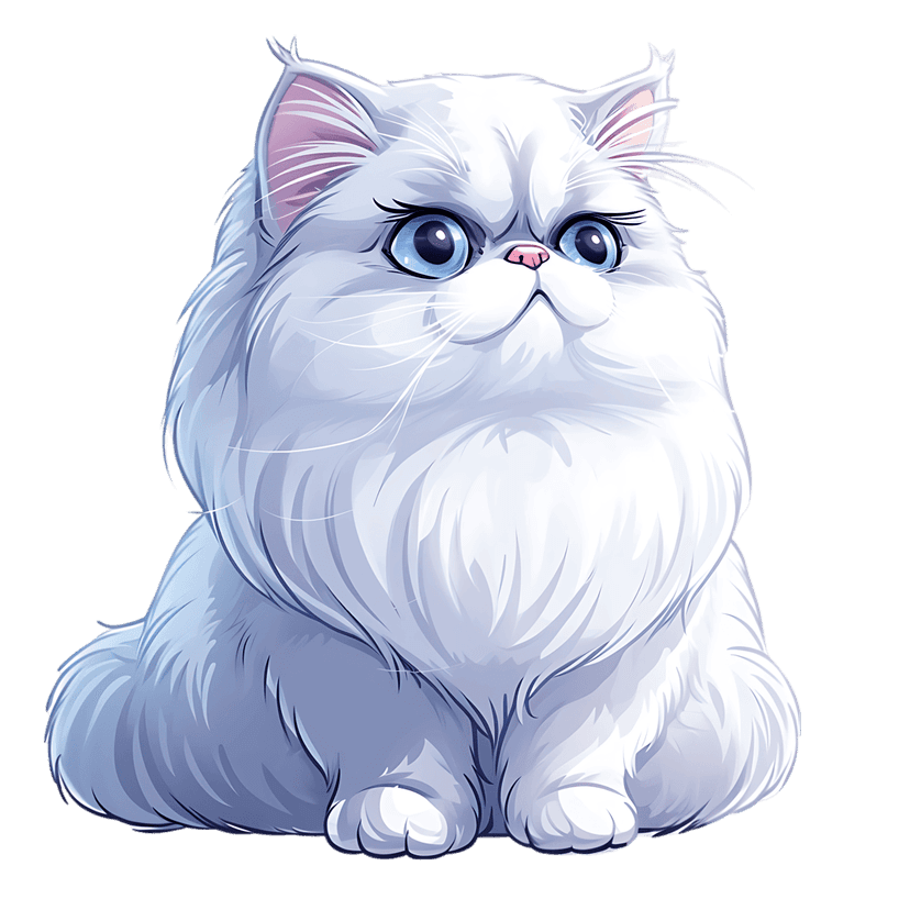 White Persian cat illustration showing detailed fur textures and bright blue eyes on a transparent background.