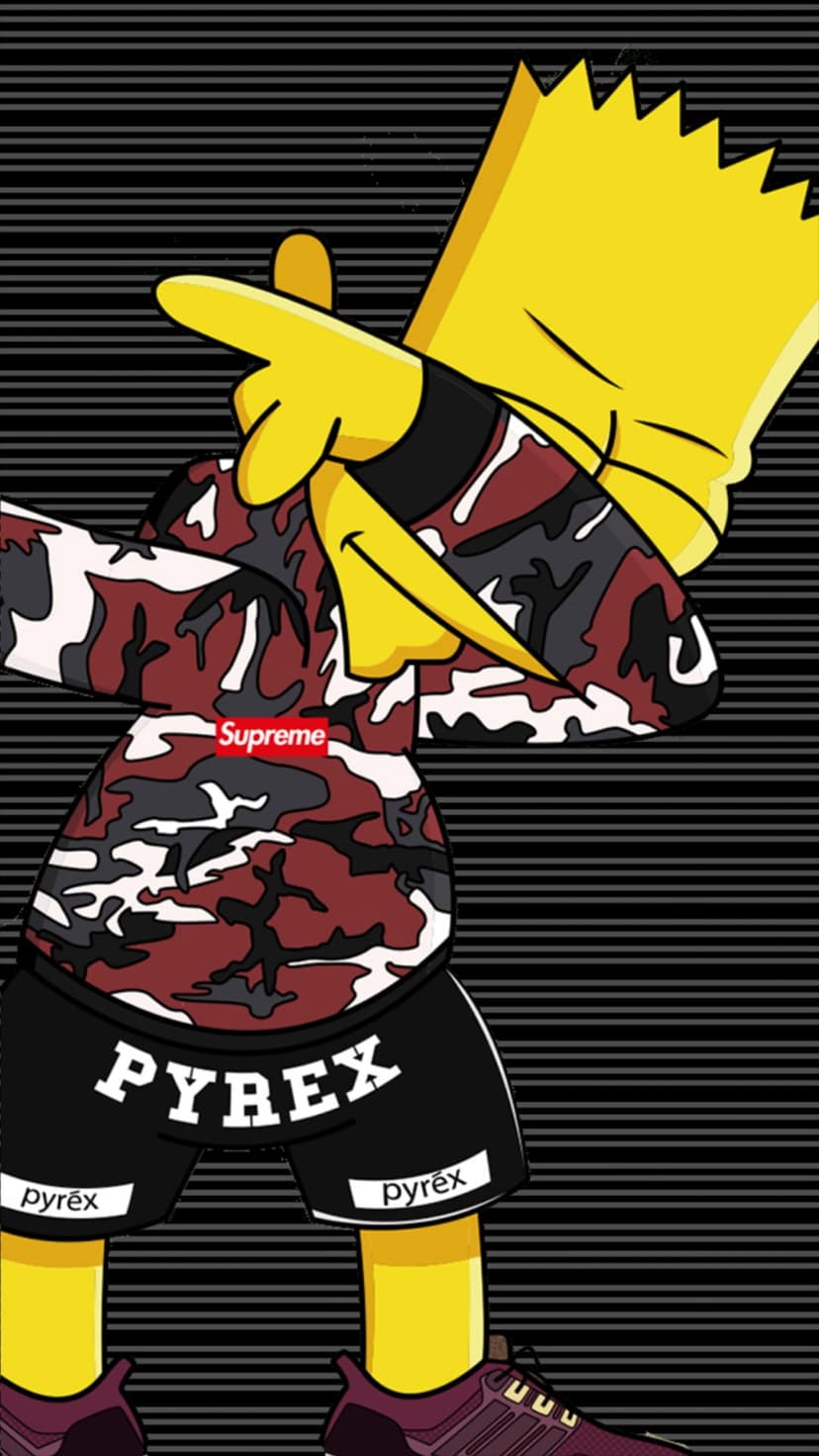 Bart Simpson dabs while wearing a green camouflage hoodie and black shorts against a dark striped backdrop.
