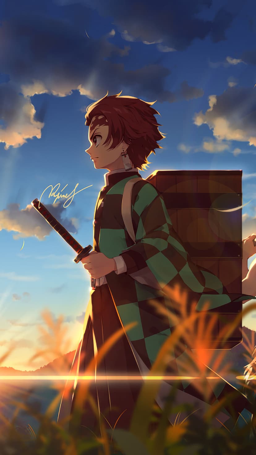 Auburn-haired boy in a checkered haori holds a sword while standing in golden grass during a mountain sunset.