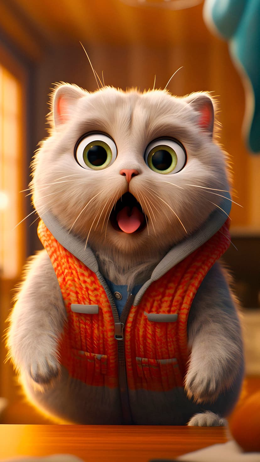 Fluffy ginger cat in a blue shirt and orange knit vest with wide green eyes and a surprised expression.