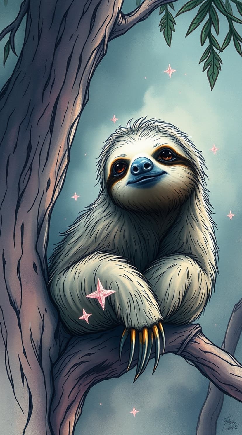 Fluffy sloth with large eyes rests on a tree branch under a hazy pink sky filled with twinkling stars.