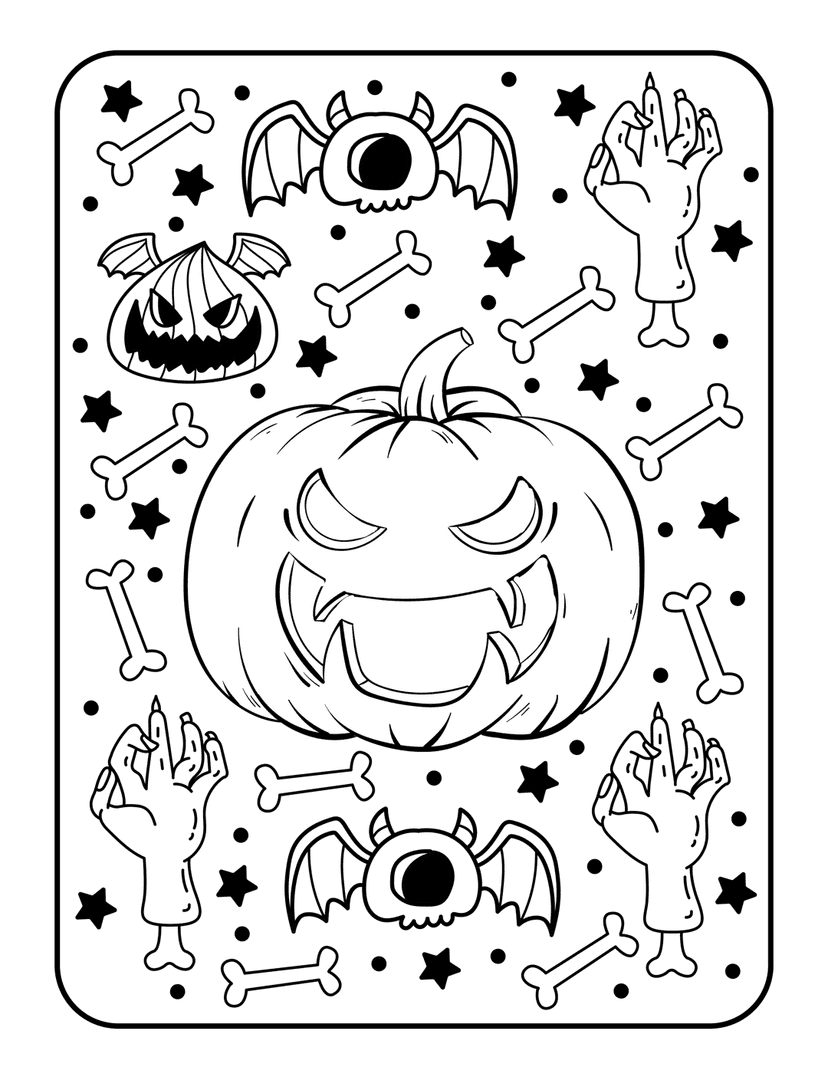 Halloween pumpkin coloring page featuring a grinning jack-o-lantern with bats, bones, and stars in line art.
