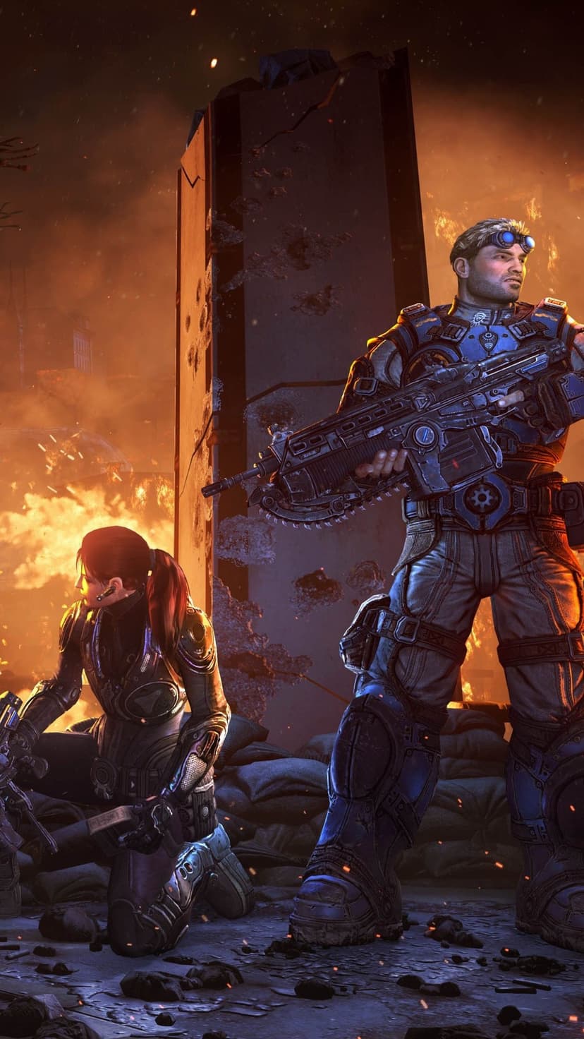 Damon Baird and Alexandra Brand in COG armor stand amidst a fiery war zone with a Lancer assault rifle.