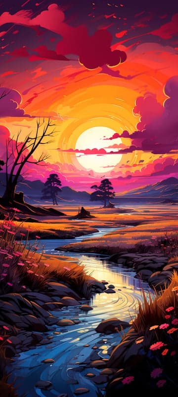 Vibrant Sunset Over Serene River Landscape