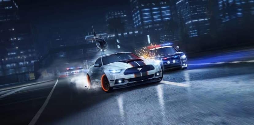 White muscle car with orange wheels being chased by police cars and a helicopter in a city at night with sparks.