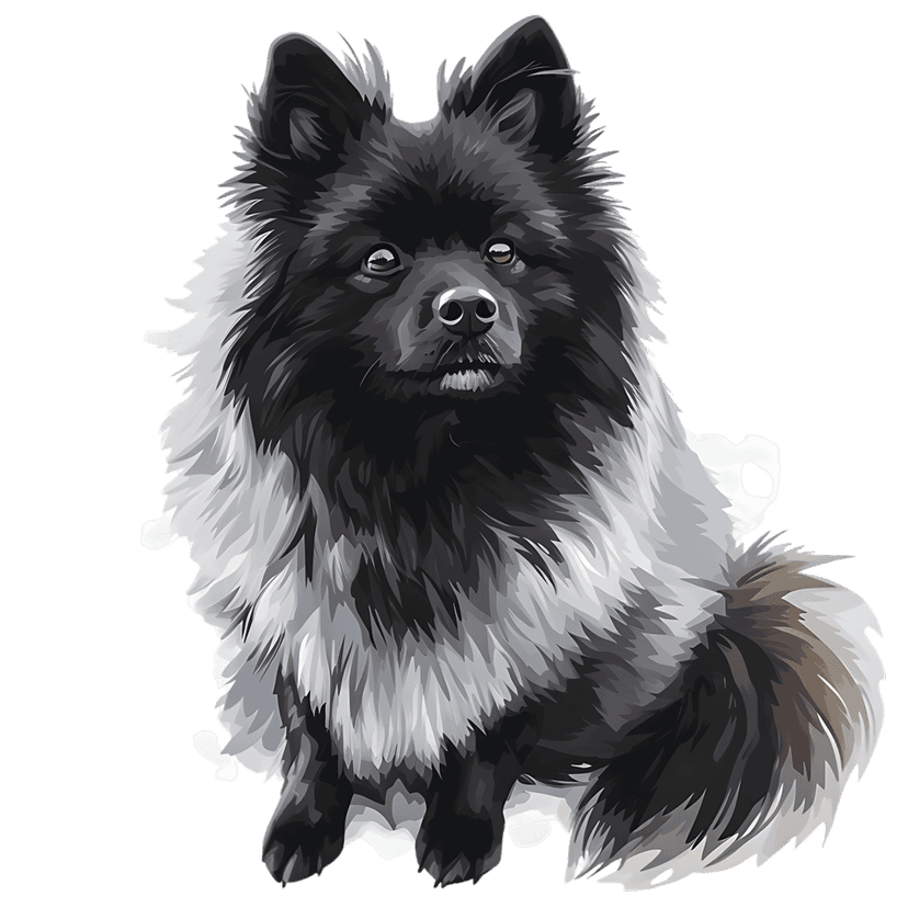 Keeshond dog portrait featuring thick grey fur, a fluffy ruff, and upright ears against a black background.