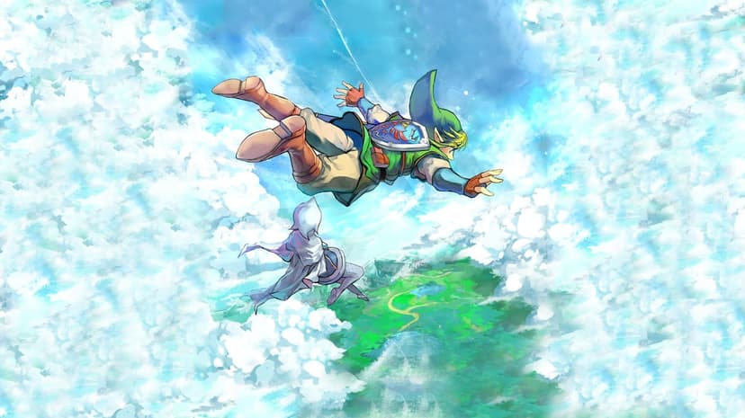 Link and Fi skydiving through fluffy white clouds above a green landscape with a bright blue sky.