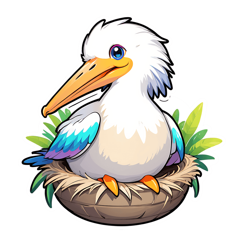White pelican chick sits inside a woven nest showing its fluffy chest and large glossy blue eyes in a front view.