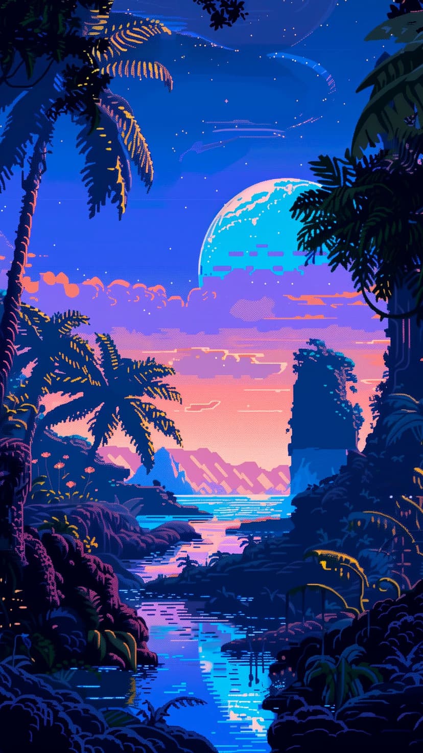 A giant glowing moon rises over a winding river and silhouetted palm trees in a vibrant pixelated night landscape.