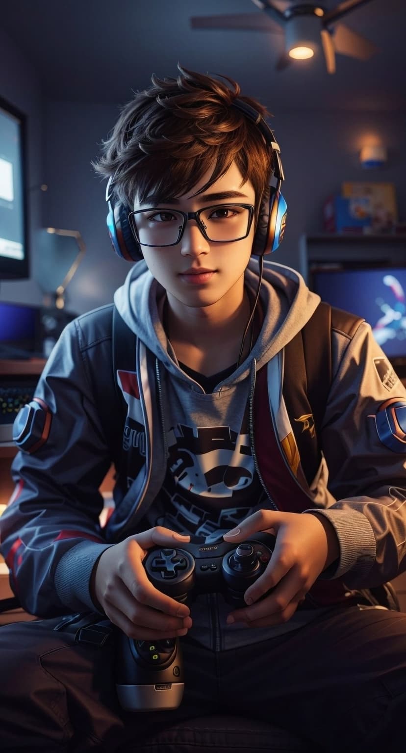 Young boy with glasses and headphones holding a gaming controller in a dark room with neon monitor glows.