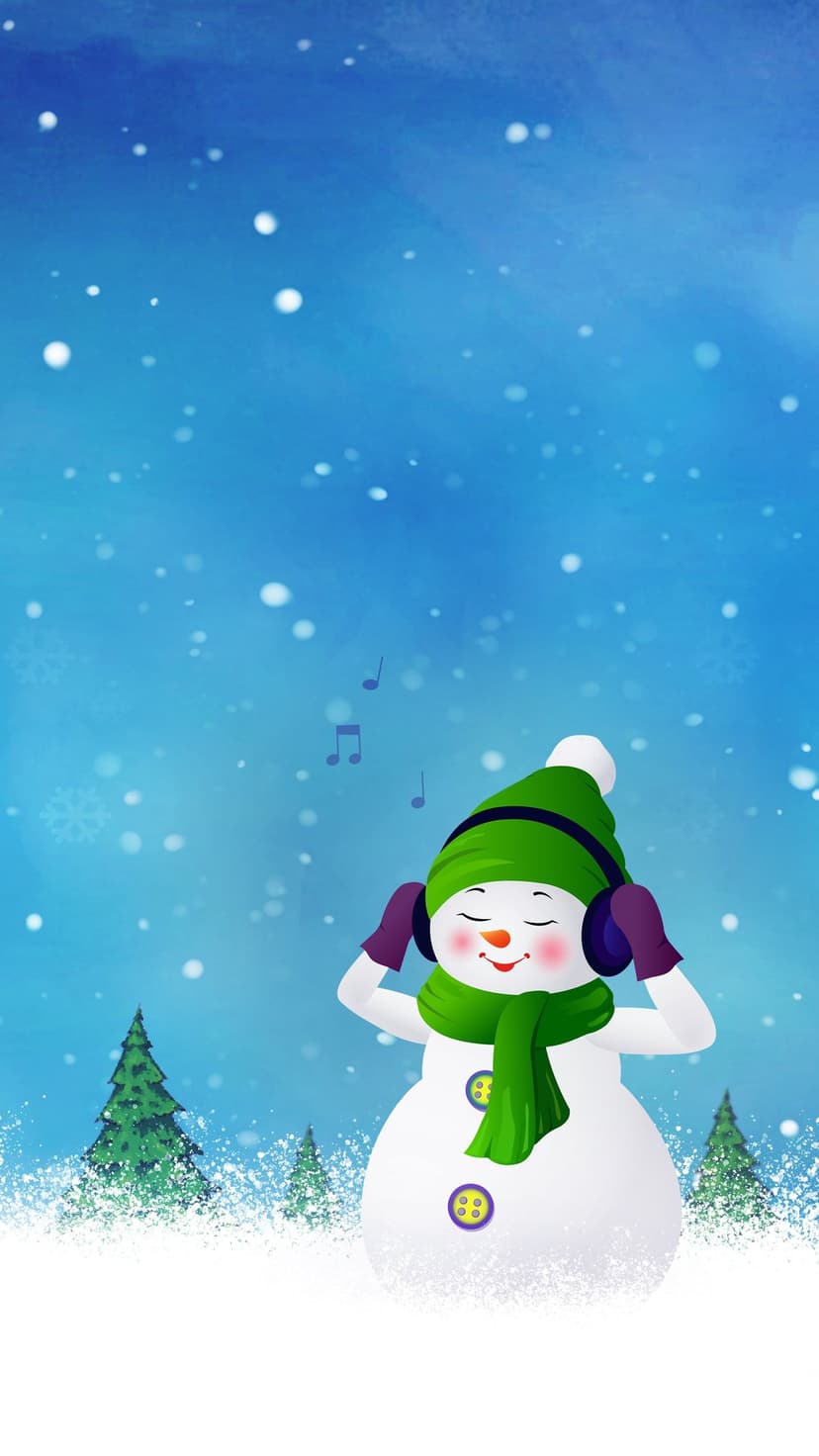 Snowman with a green hat and headphones stands among pine trees while music notes and snowflakes float in the air.