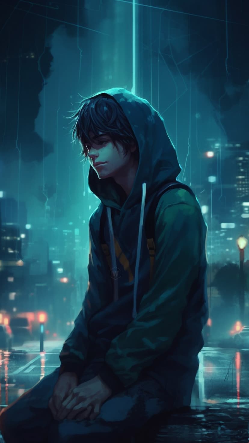 A teenage boy in a green hoodie sits on a wet urban surface surrounded by blurred neon city lights in the rain.
