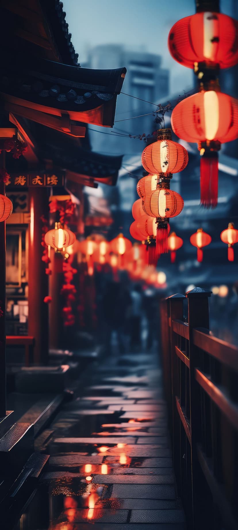 Red lanterns hang above a wet cobblestone alleyway with traditional eaves and a soft bokeh background.