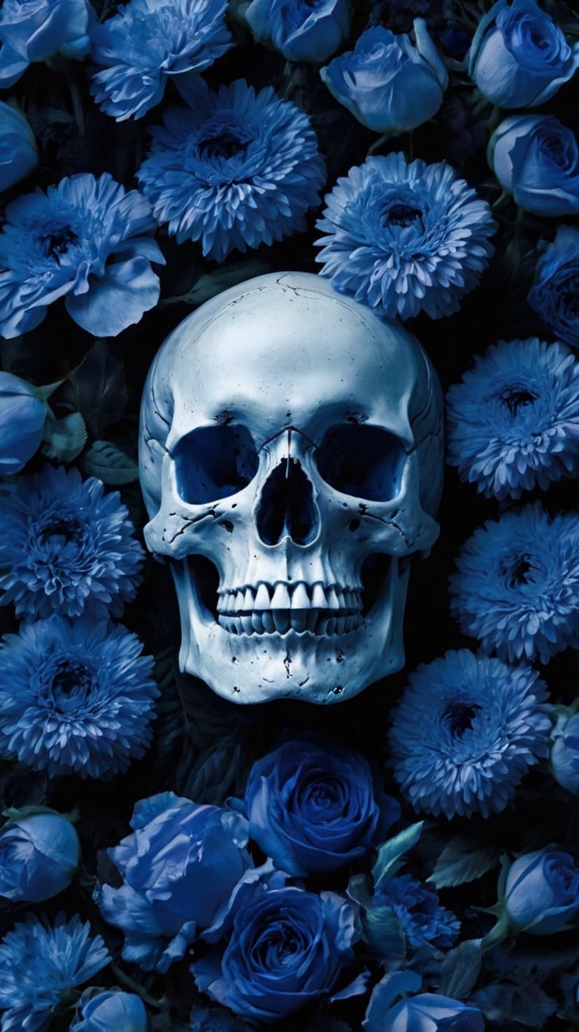 Human skull nestled among deep blue roses and gerbera daisies with dramatic lighting and dark, moody shadows.