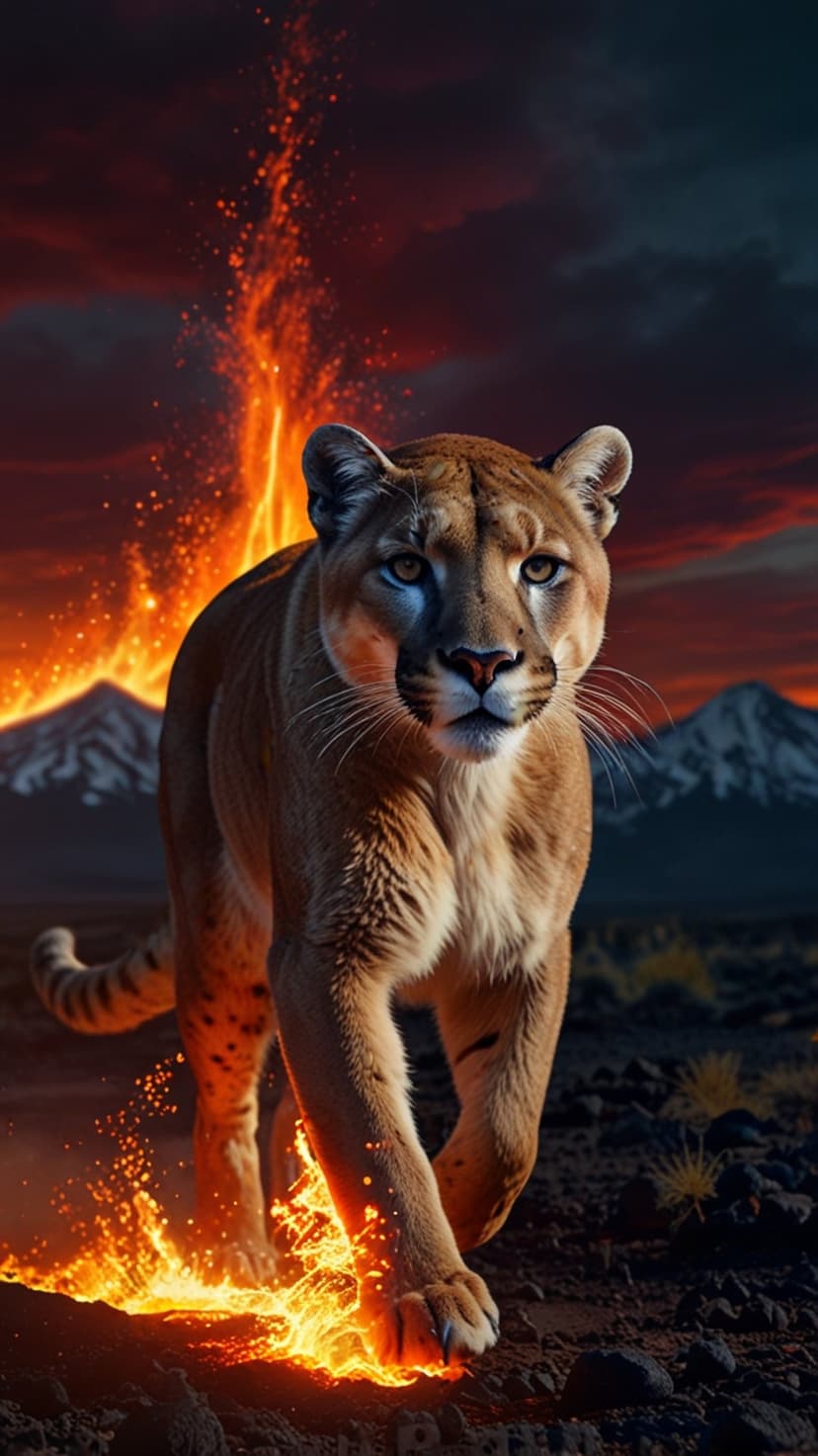 Mountain lion walking through flowing lava and sparks with volcanic mountains under a dark, fiery orange sky.