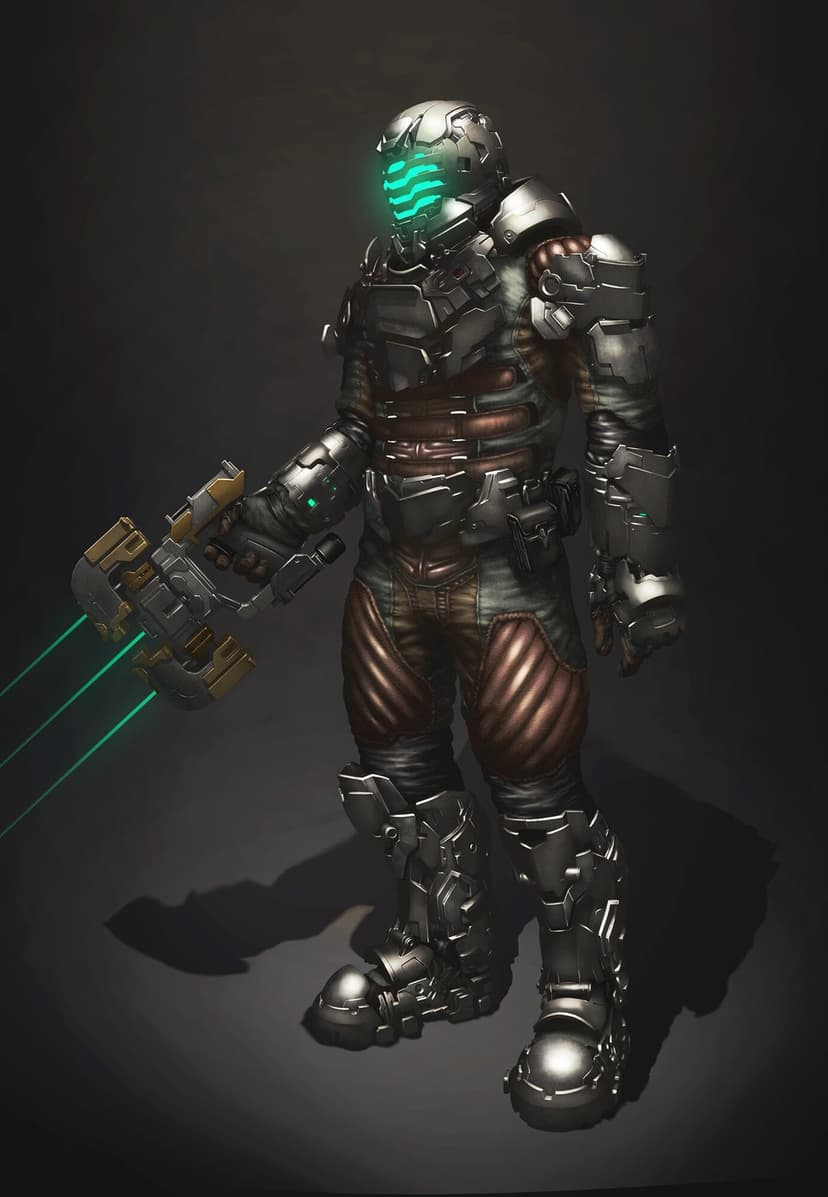 Isaac Clarke in silver armor holds a plasma cutter with green lasers against a dark background.