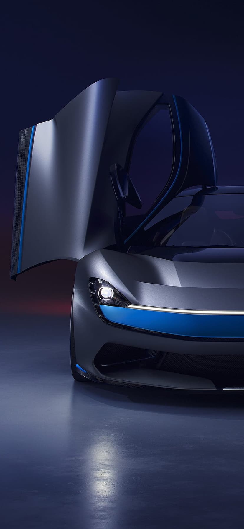 Futuristic supercar with open butterfly doors and glowing blue accents parked on a dark reflective floor.