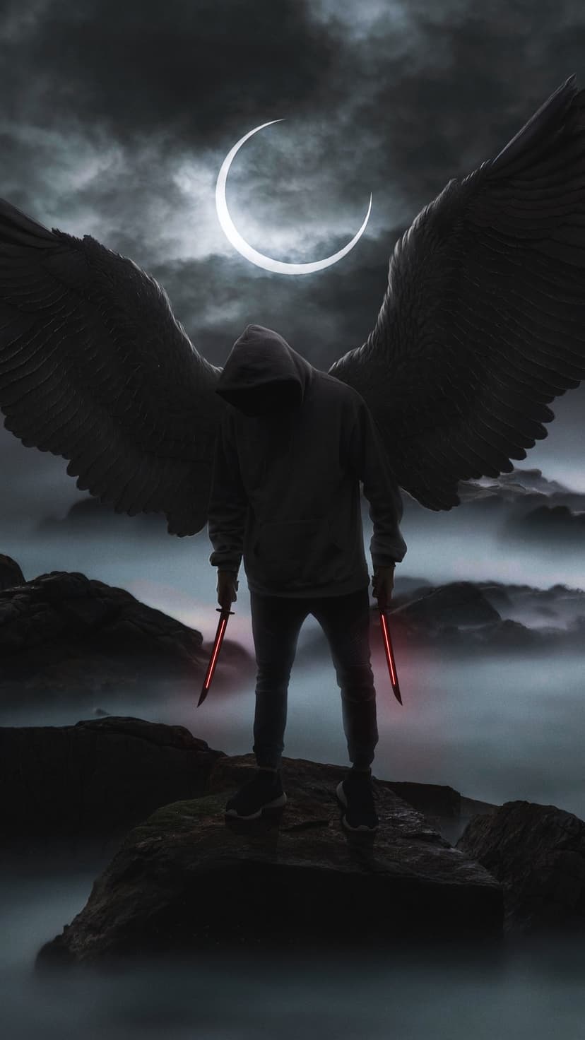 Hooded winged figure holding two glowing red swords on a rocky cliff beneath a crescent moon and stormy clouds.