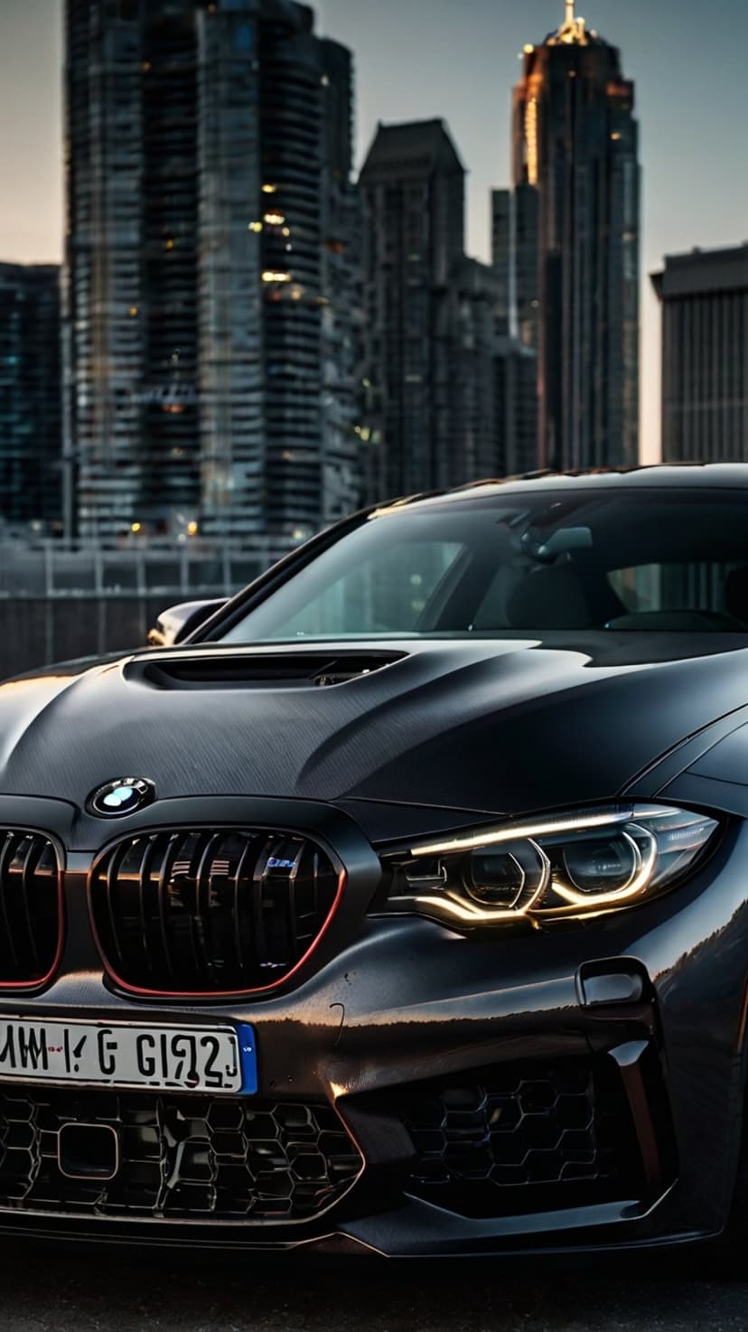 BMW M car front grille with hexagonal patterns and LED headlights glowing against a dark urban cityscape at dusk.