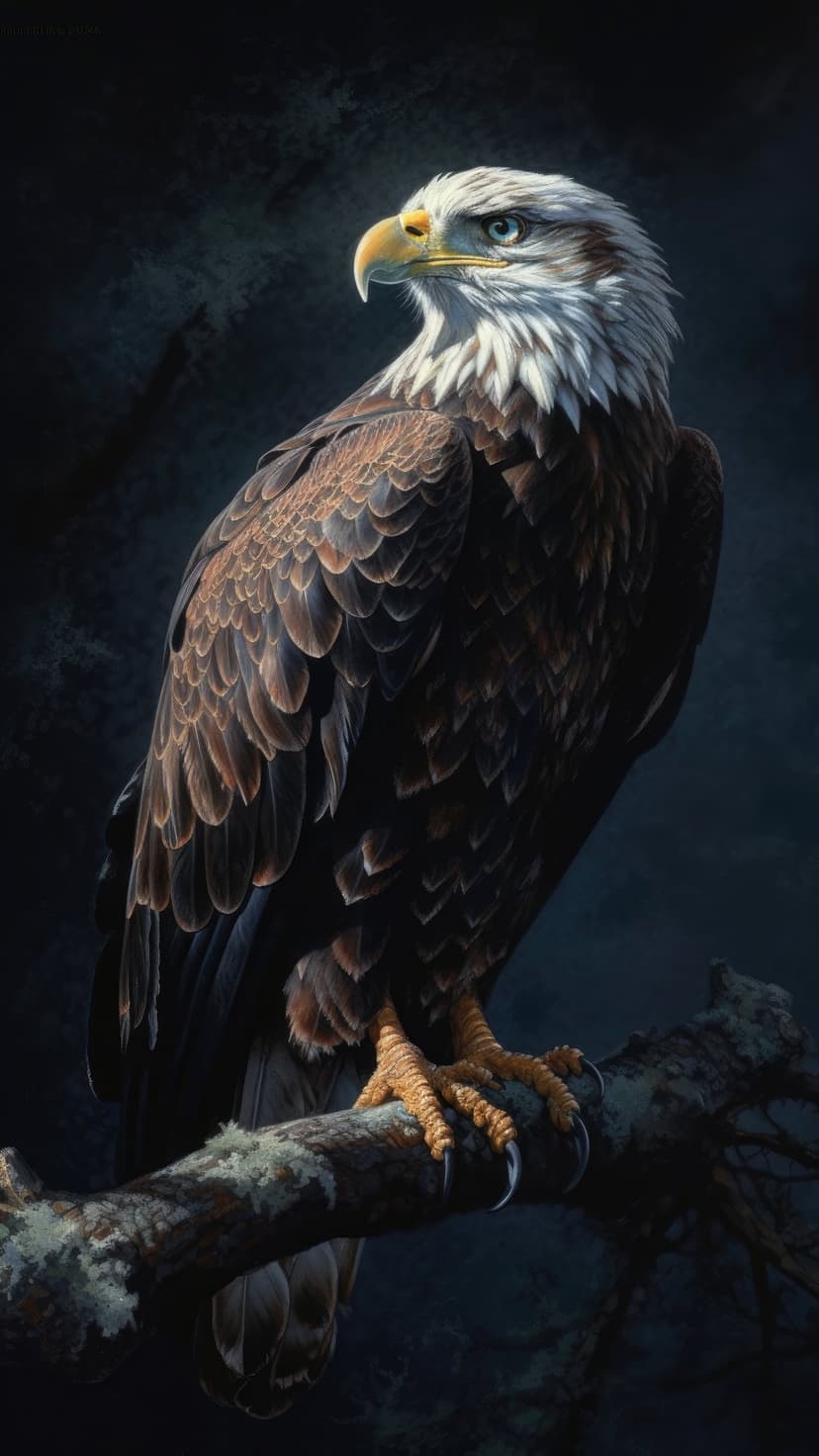 Bald eagle featuring blue eyes and textured brown feathers sits on a lichen-covered branch in low lighting.