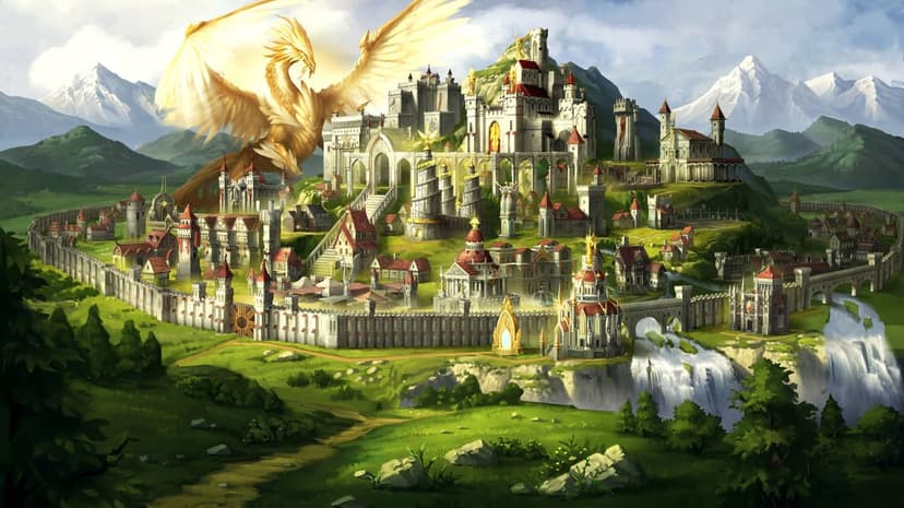 Golden phoenix spreading wings over a white fantasy castle with red roofs, waterfalls, and distant mountains.