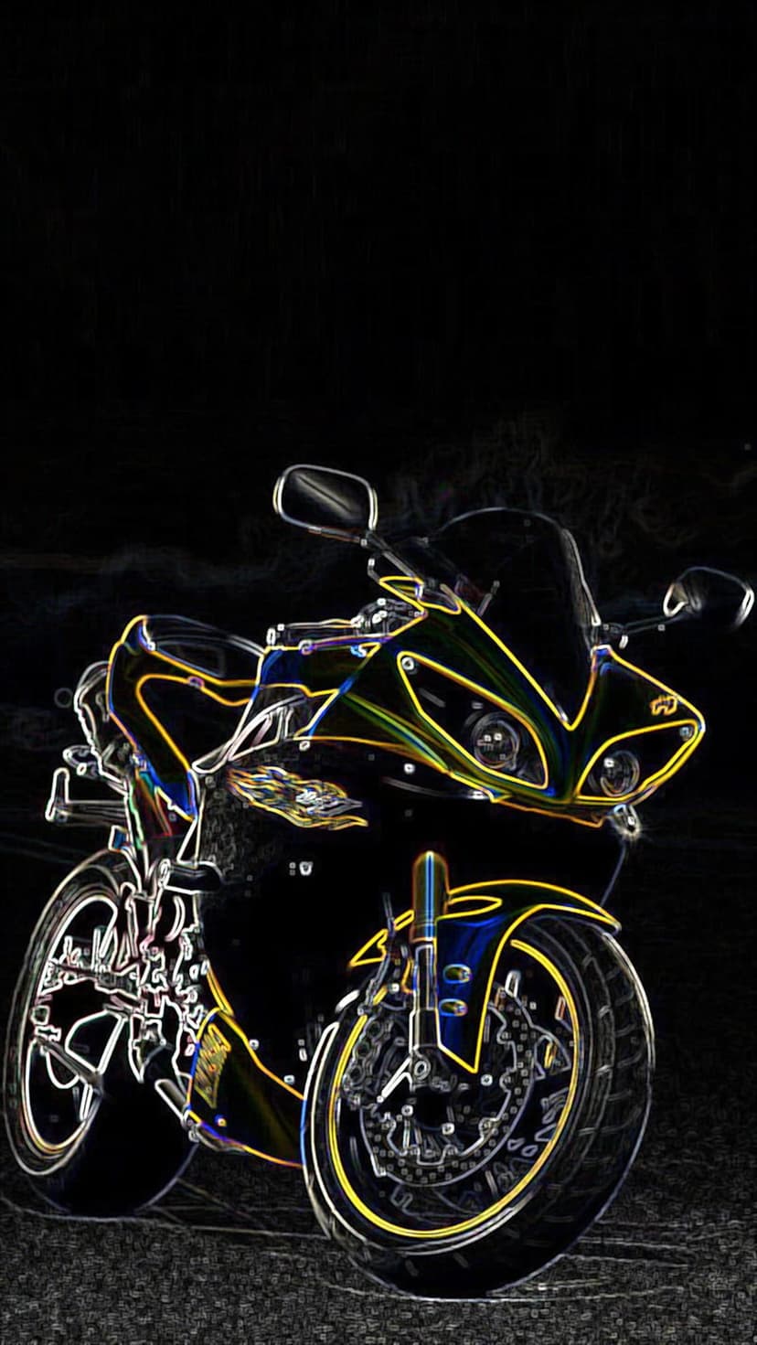 Sports motorcycle with glowing neon outlines against a black void, showcasing aerodynamic lines and wheels.